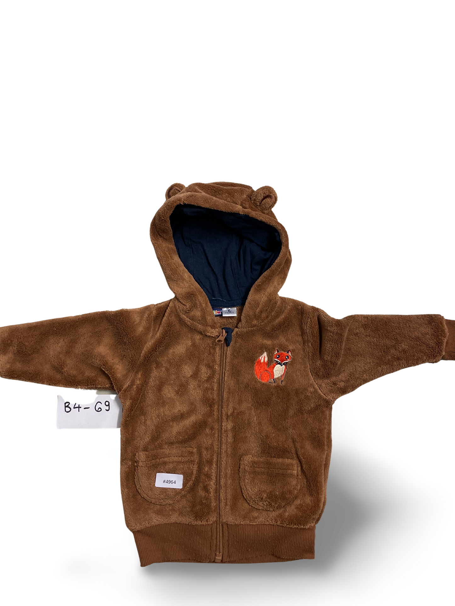 Brauner Fleece Strampler mit Kapuze und Fuchs - Gr. 74