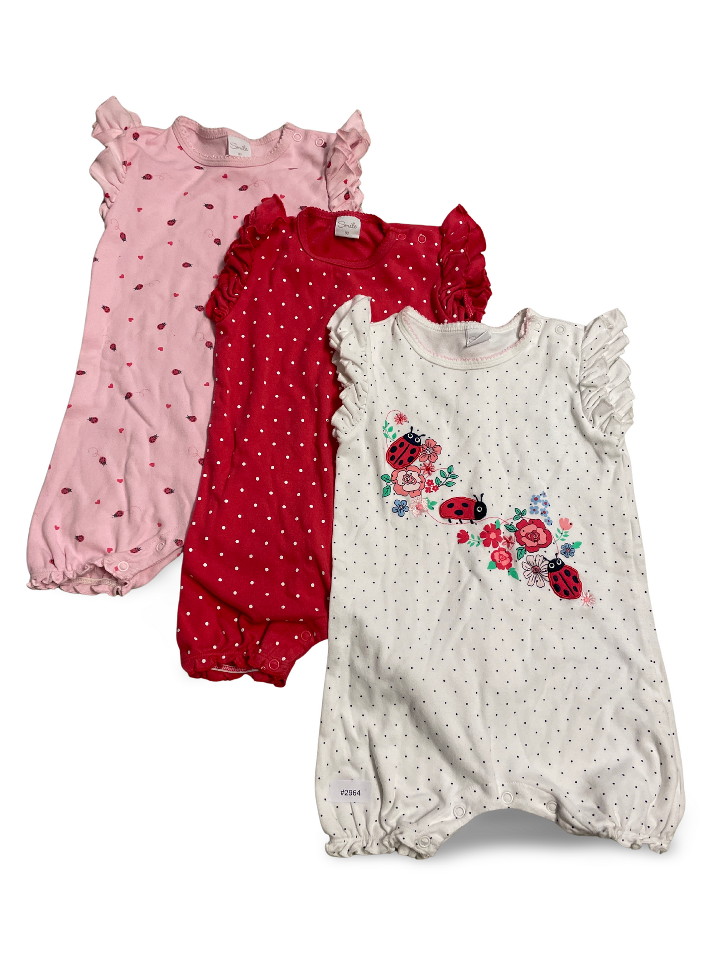 3er Bundle Strampler rosa, rot gepunktet und weiss mit Marienkäfern - Gr. 92