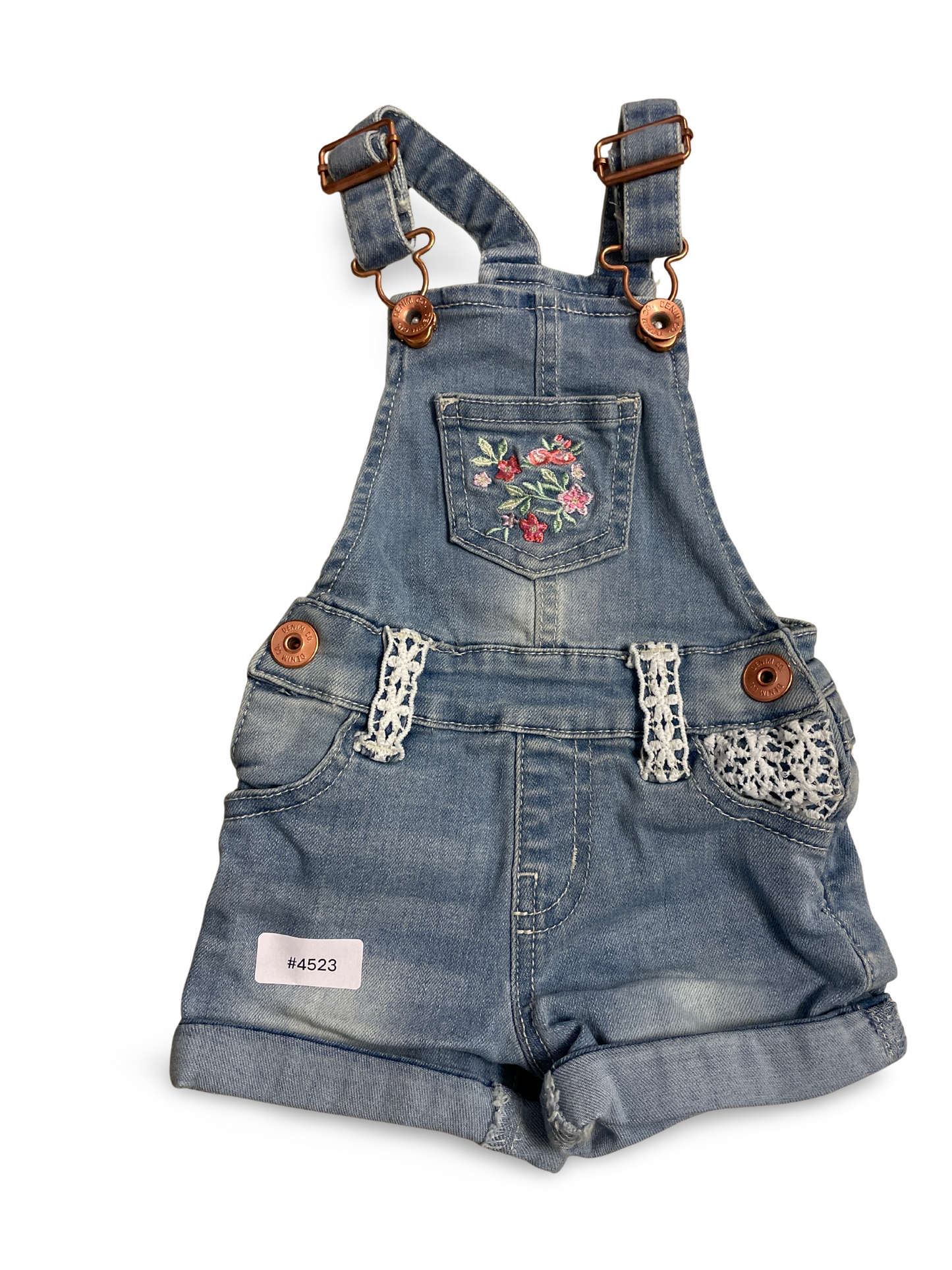 Jeans Latzshorts mit Blumenstickerei - Gr. 62