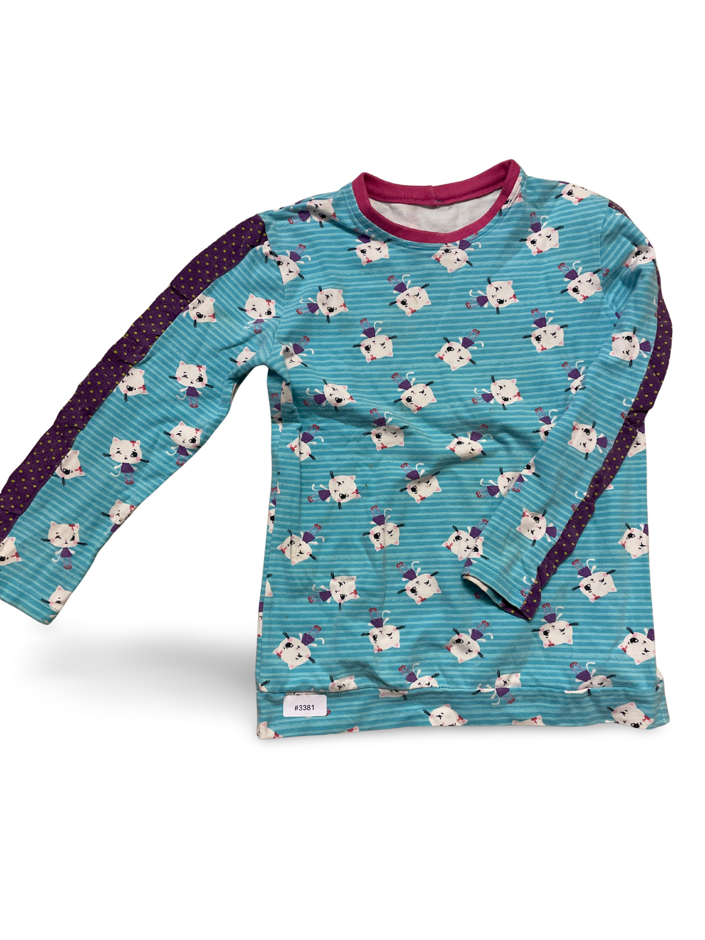 Long-sleeved shirt with cat print and stripes - size 116