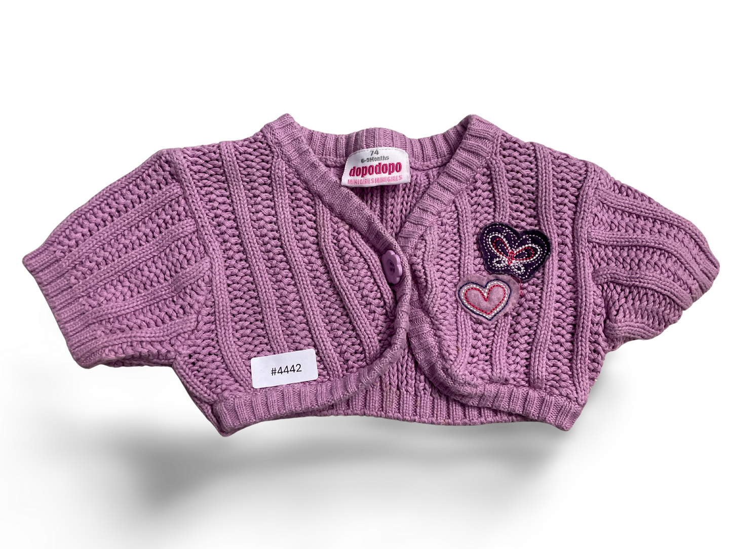 Boléro en tricot violet à manches courtes avec application cœur - Taille 74
