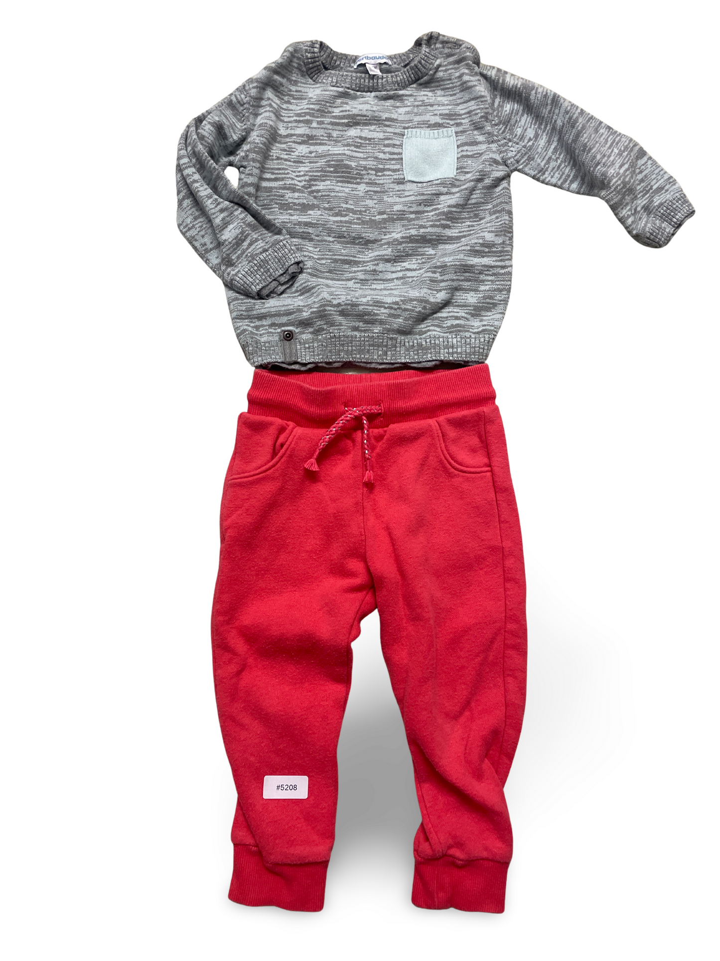 Grau melierter Pullover und korallenrote Jogginghose - Gr. 86
