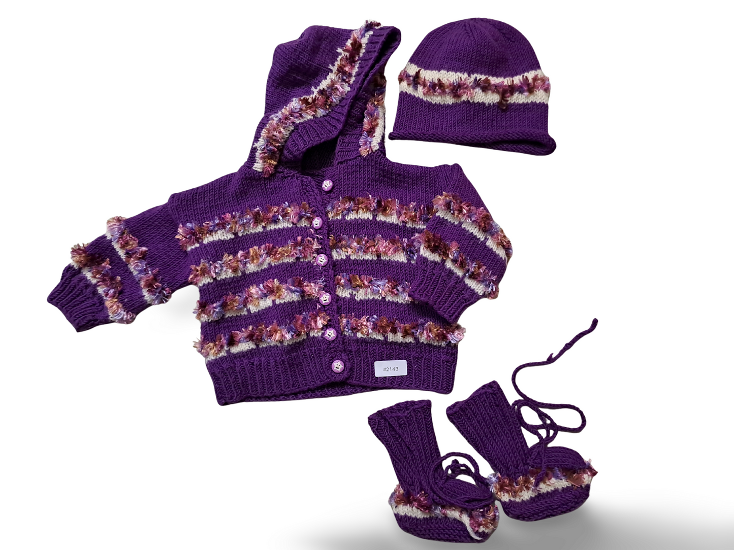 Gestrickte Kapuzenjacke mit Mütze und Schühchen - Gr. 80