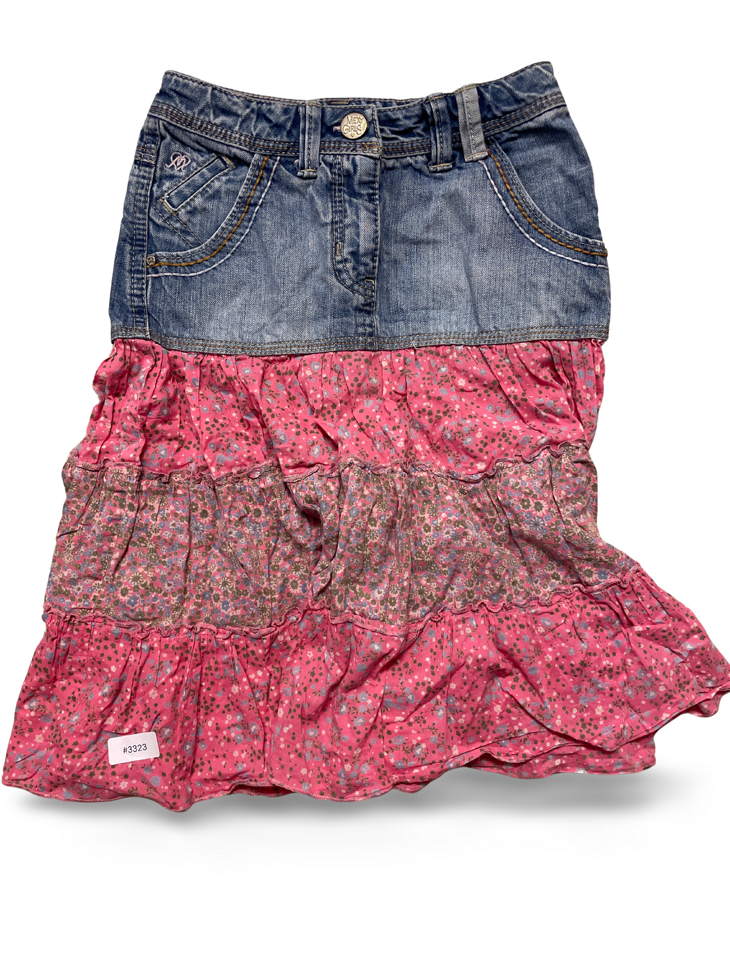 Denim skirt with pink flounces - size. 128