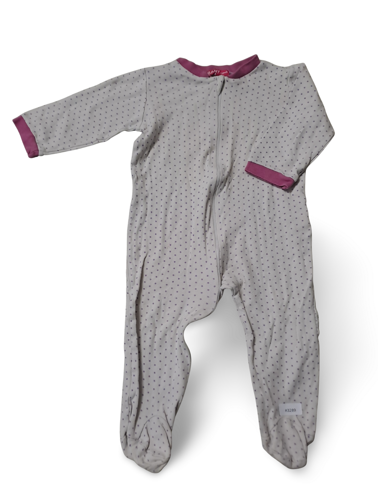 Footed romper with zipper, white with purple polka dots - size 86