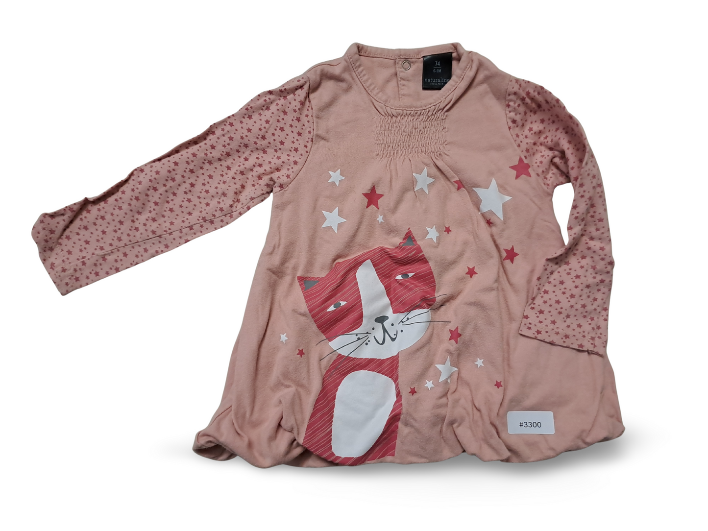 Long-sleeved dress with cat print, pink - size 74