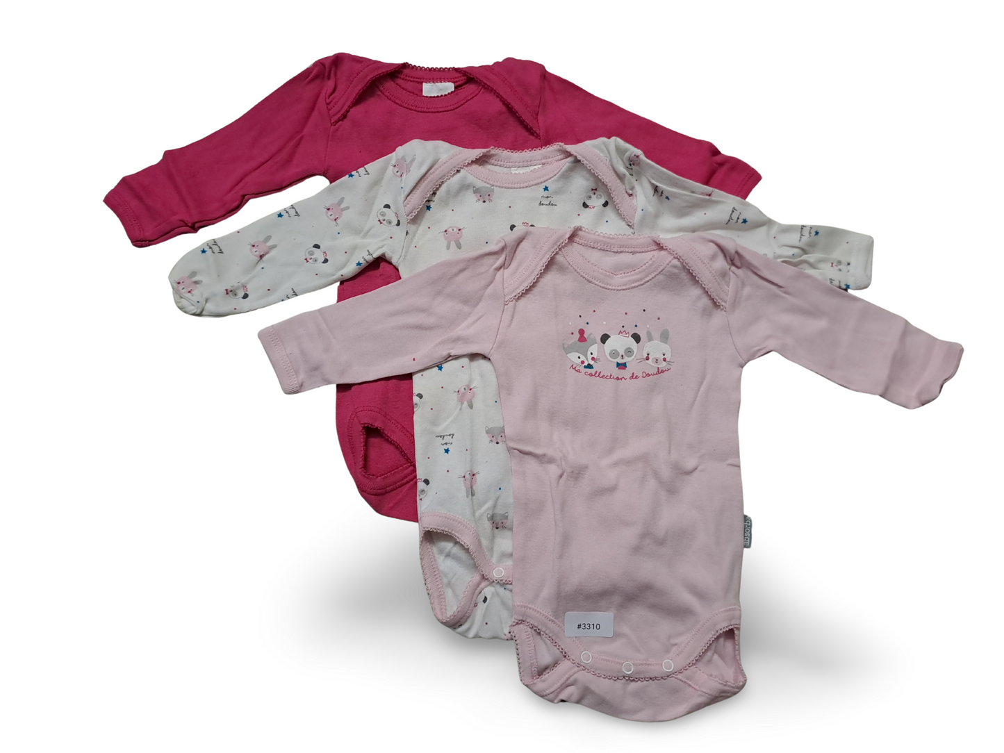 Bundle of 3 long-sleeved bodysuits pink/white with animal motif - size. 68