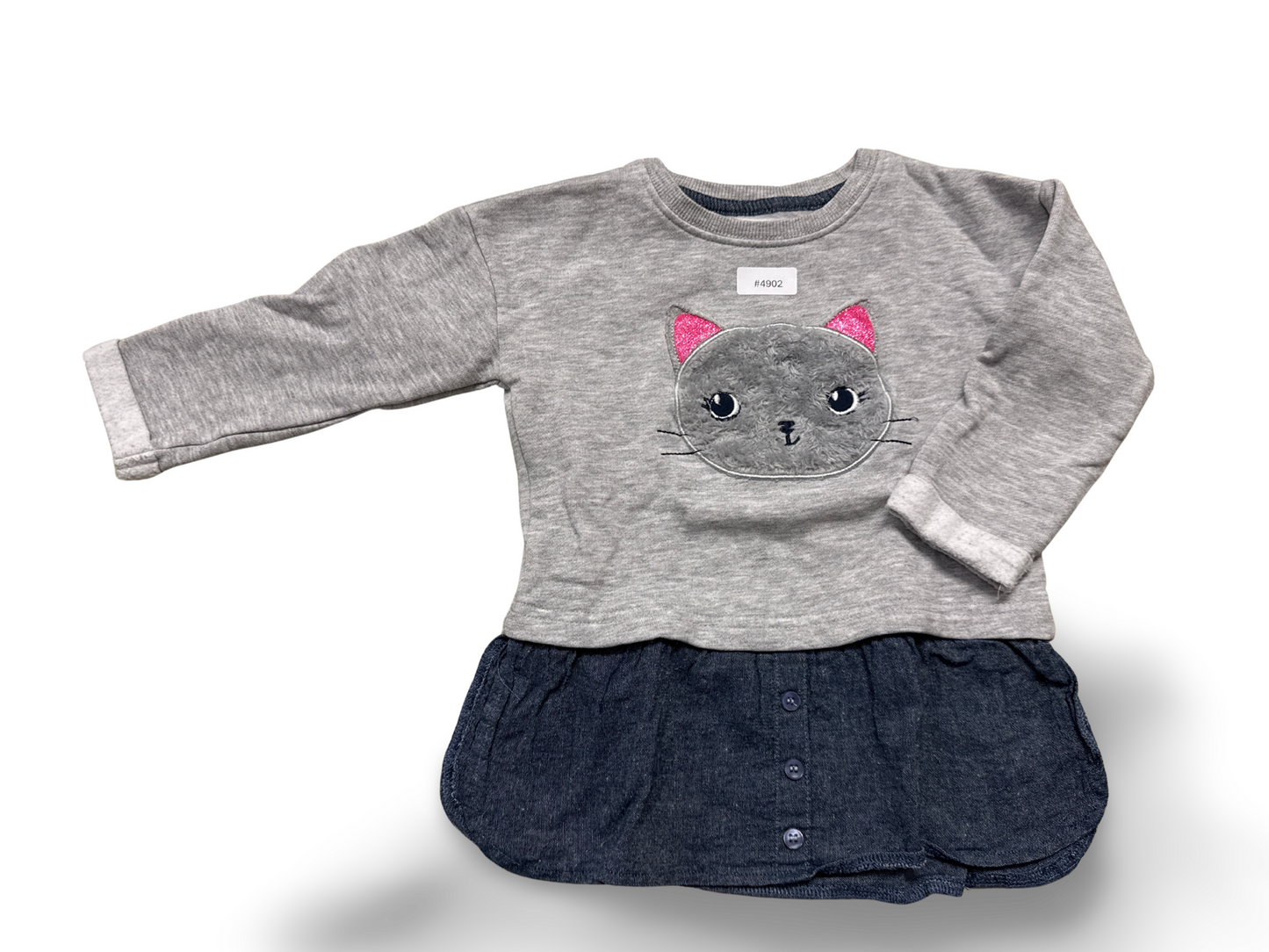 Graues Sweatkleid mit Katzenmotiv - Gr. 98