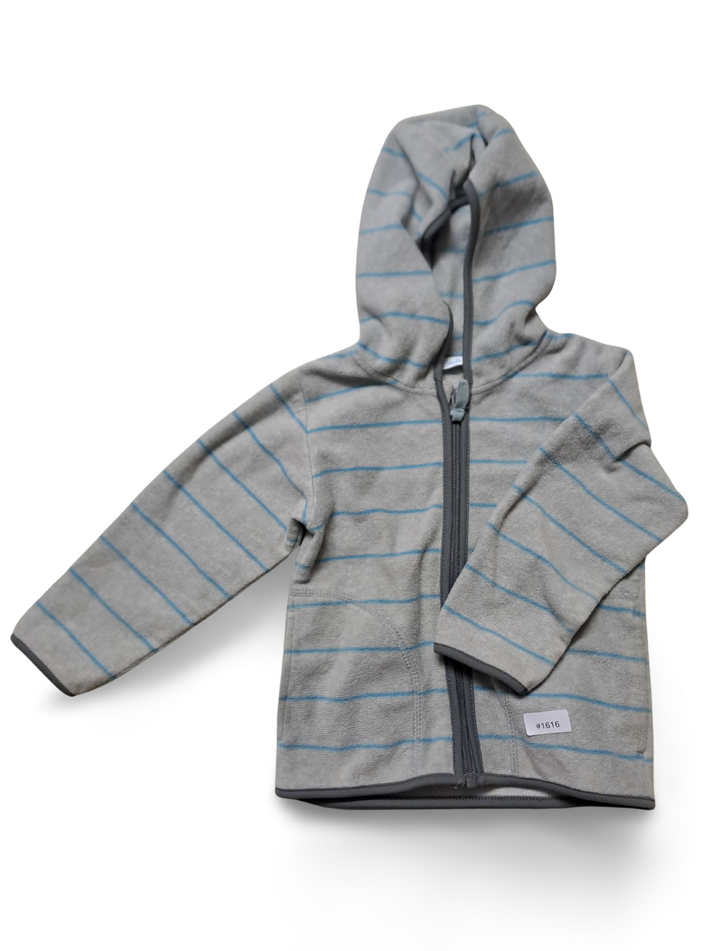 Grau-blau gestreifte Fleecejacke mit Kapuze - Gr. 92