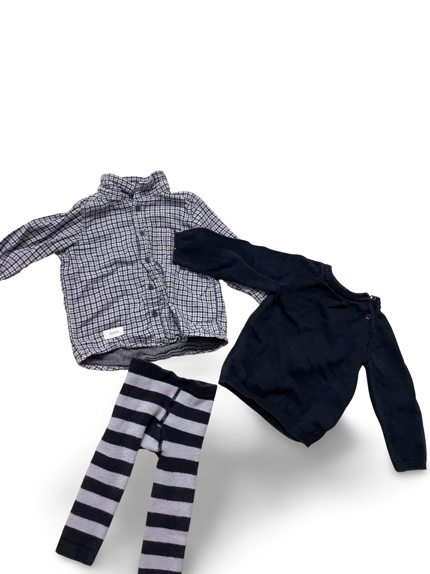 Kariertes Hemd, dunkelblauer Strampler und gestreifte Leggings - Gr. 86