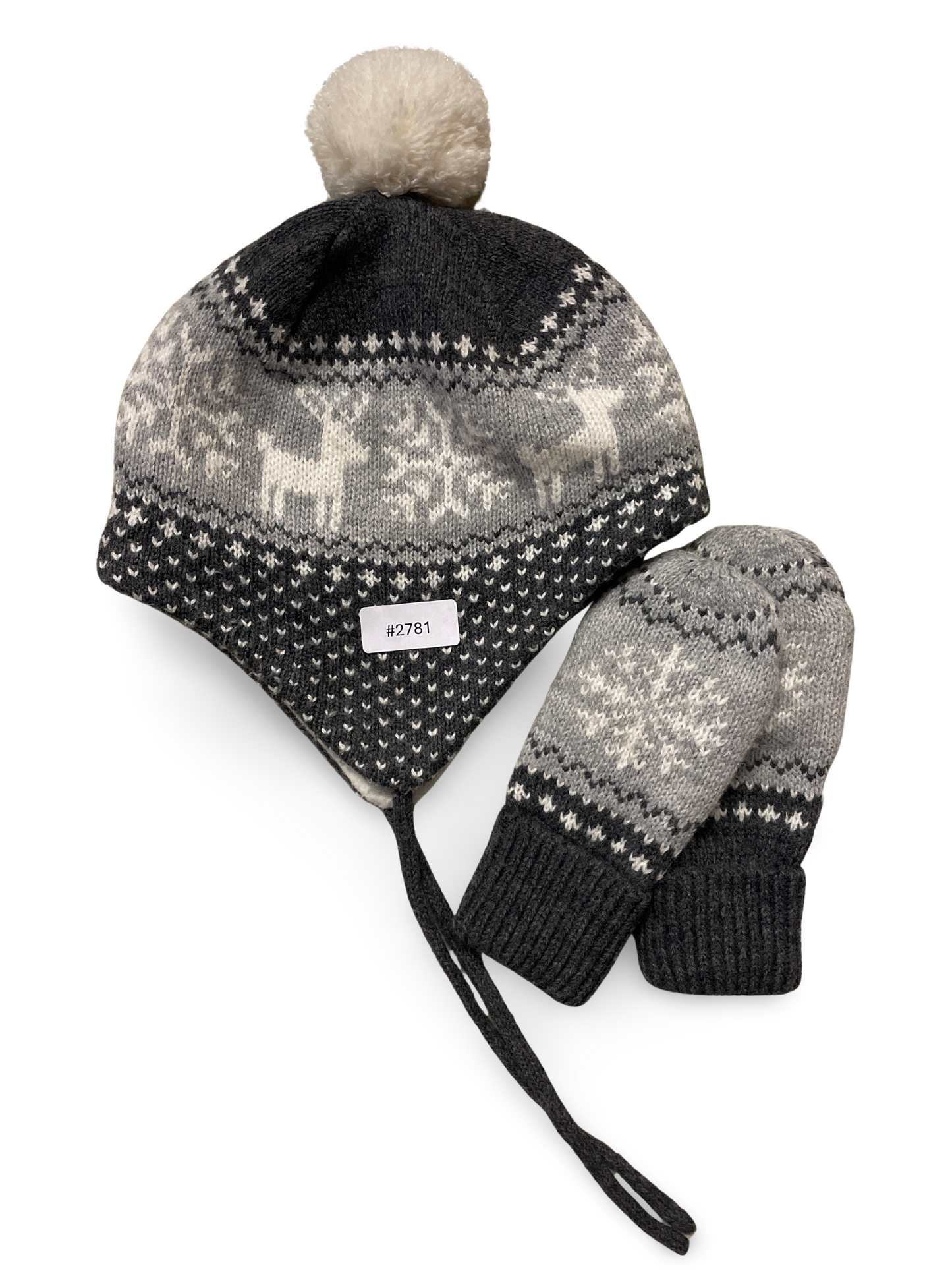 Grau-weiss Norwegermuster Mütze mit Fäustlingen - Gr. 86