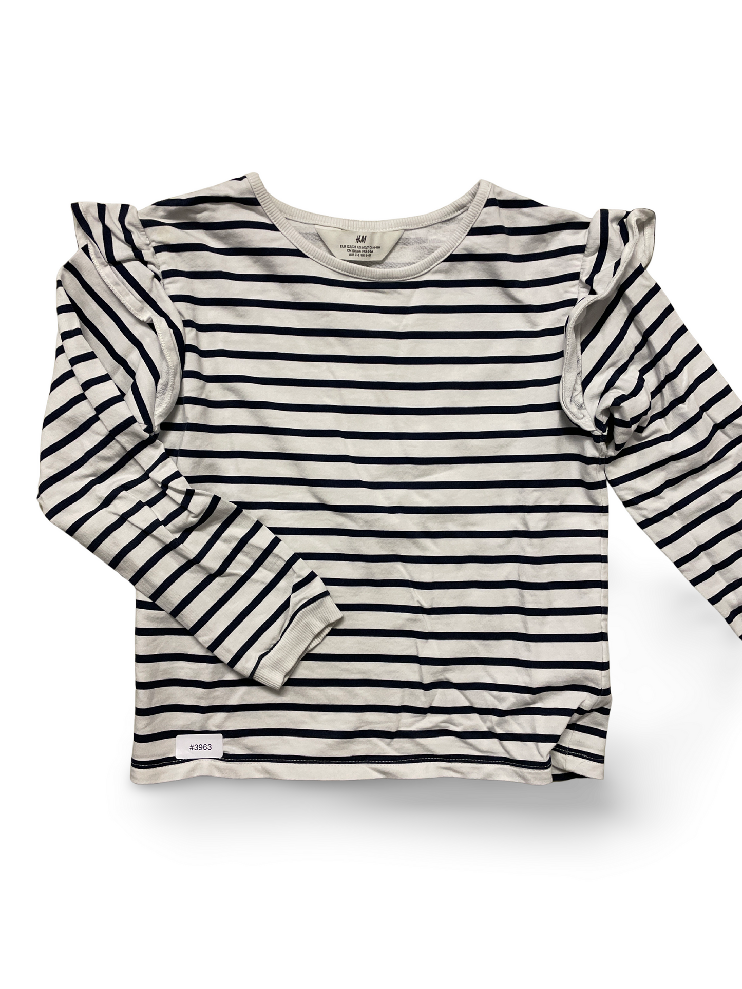 Weiss-blau gestreiftes Langarmshirt mit Rüschenärmeln - Gr. 122