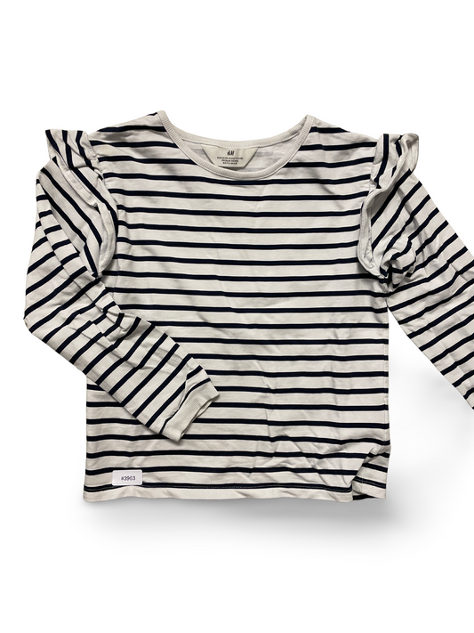 Weiss-blau gestreiftes Langarmshirt mit Rüschenärmeln - Gr. 122