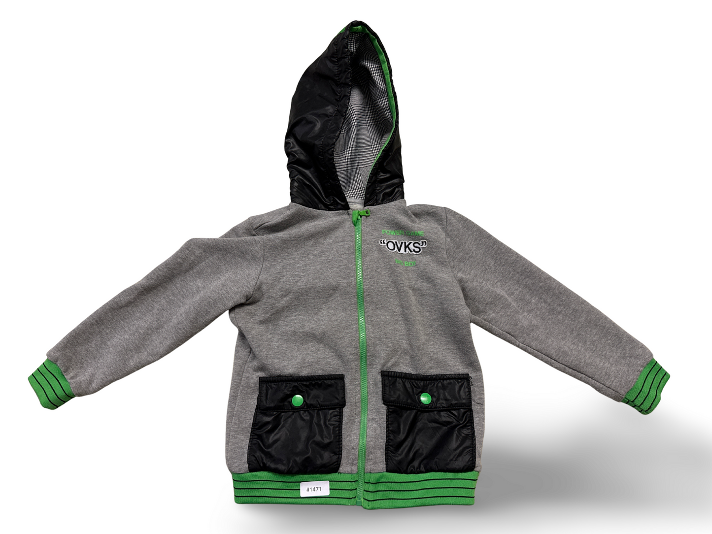 Grau-grüne Kapuzenjacke mit Reissverschluss und Taschen - Gr. 104