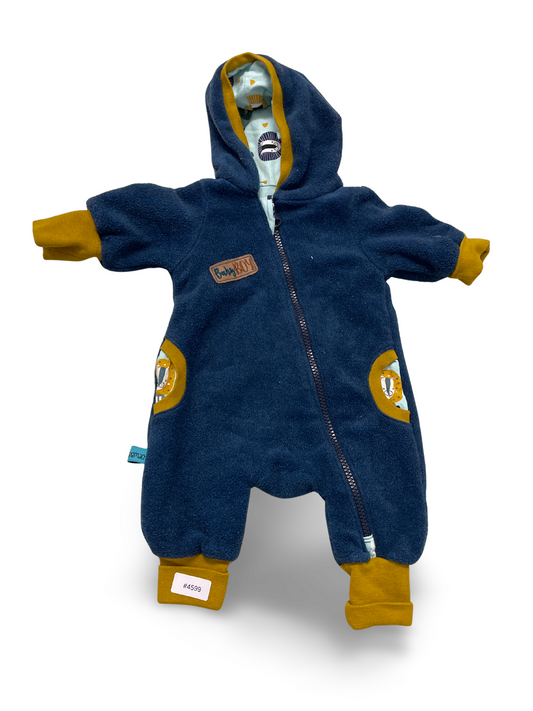 Blau-gelber Kapuzenstrampler aus Fleece mit Reissverschluss - Gr. 56