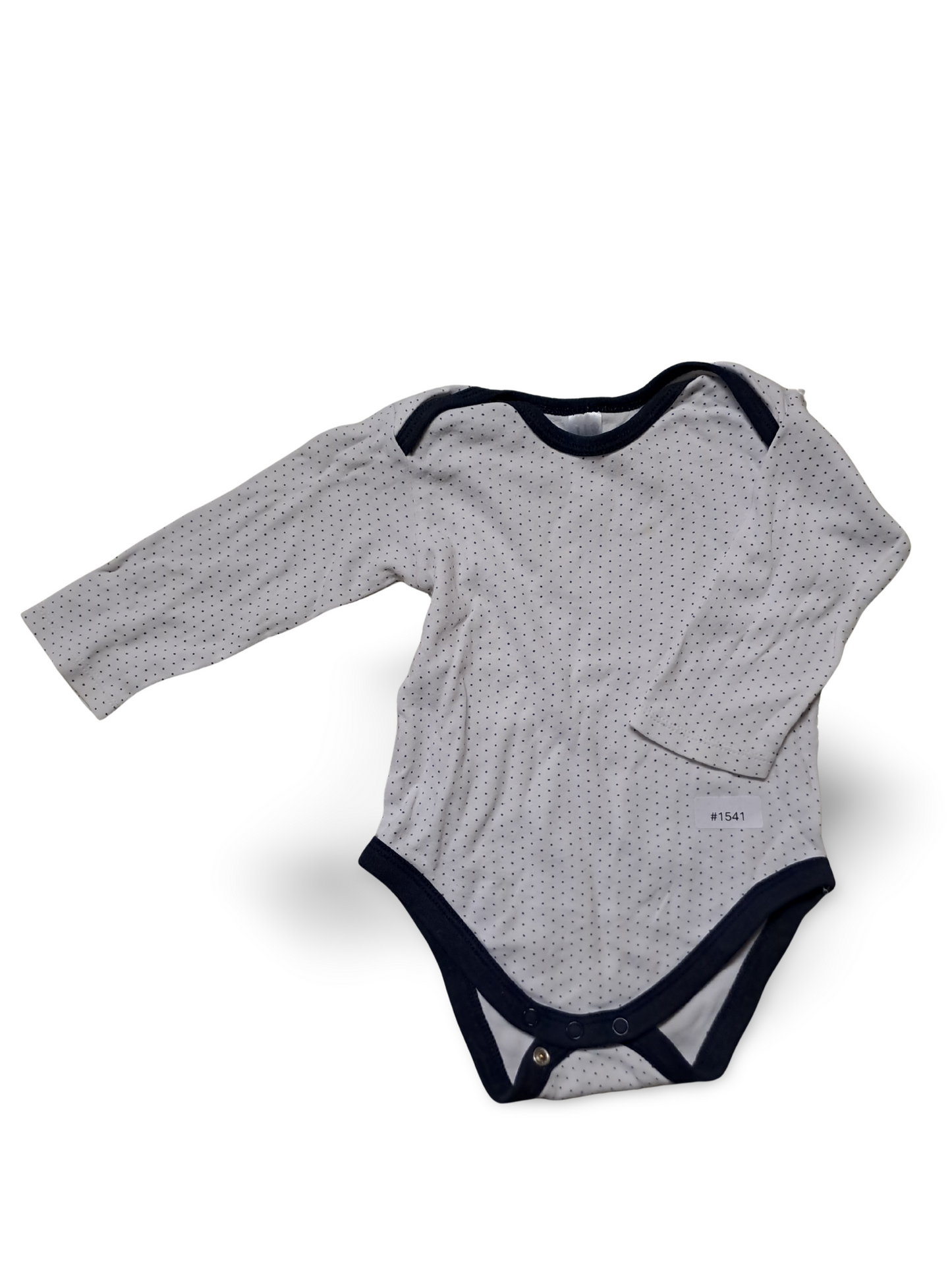 Langarmbody Weiss mit kleinen Punkten und dunkelblauem Saum - Gr. 80
