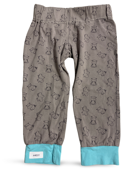 Graue Leggings mit Nilpferd-Print und türkisen Bündchen - Gr. 98