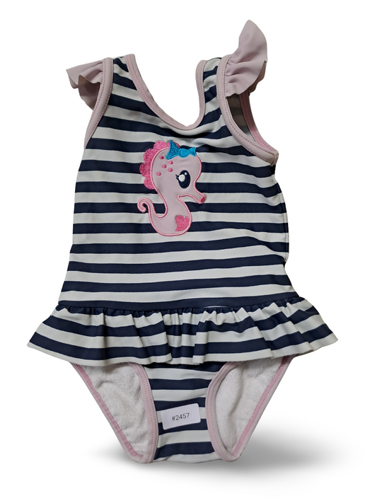 Badeanzug gestreift mit Seepferdchen und Rüsche - Gr. 92