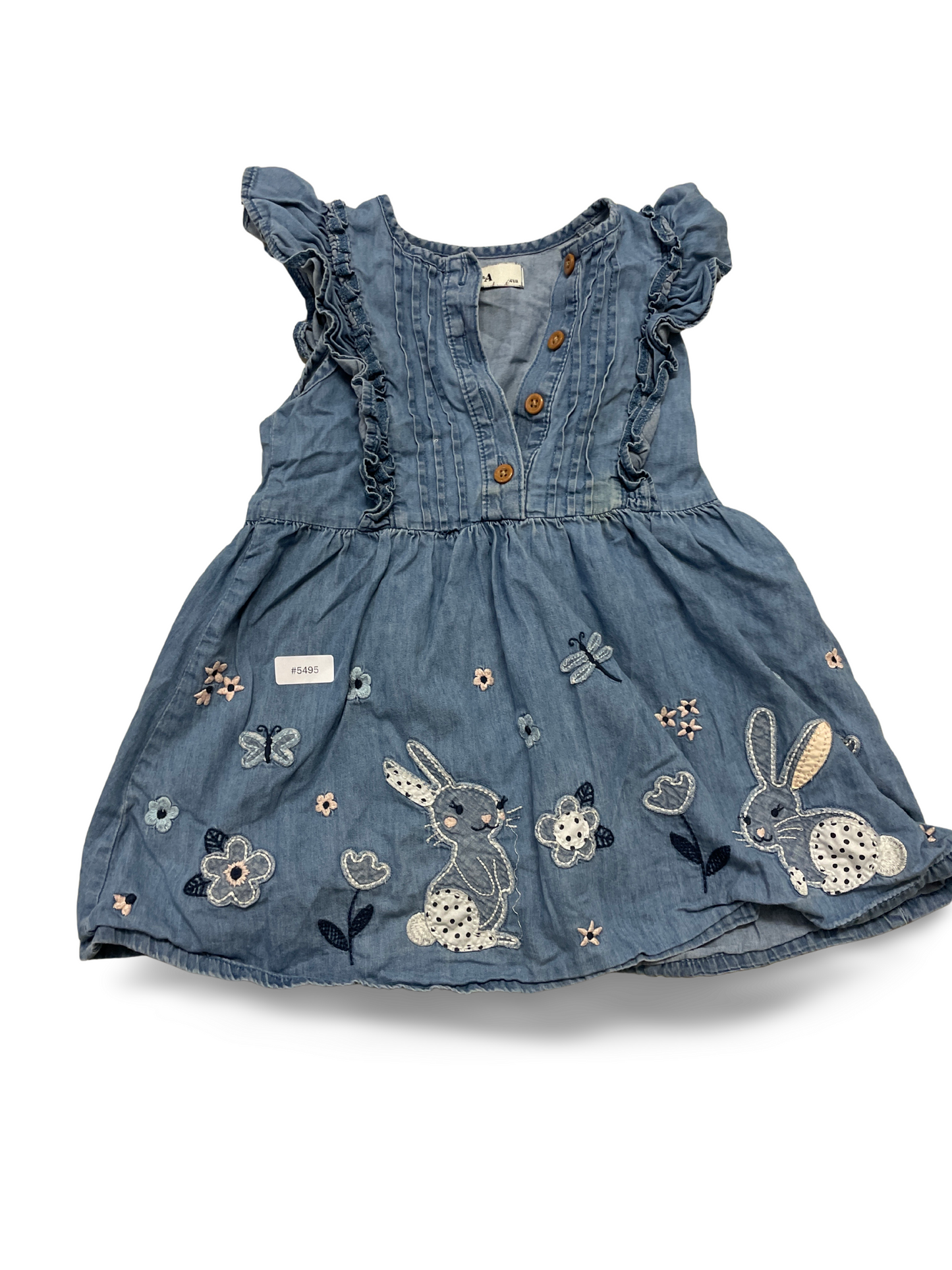 Jeanskleid mit Hasen- und Blumenstickerei - Gr. 104