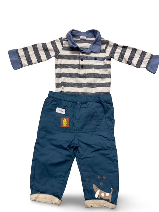 Gestreiftes Langarm-Polohemd mit blauer Freizeithose - Gr. 88