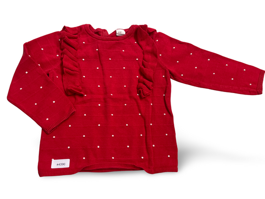 Roter Strickpullover mit Pünktchen und Rüschen - Gr. 92