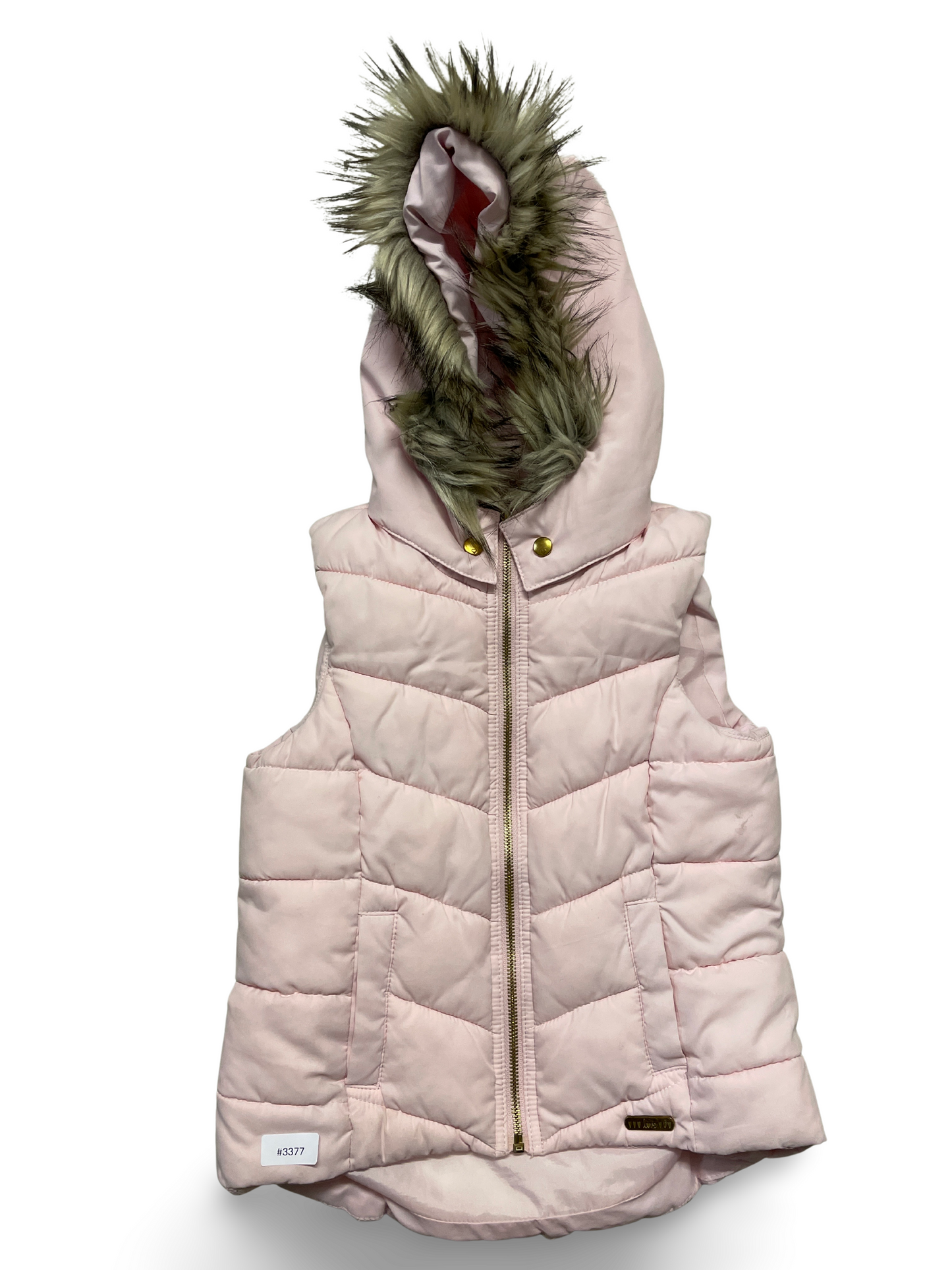 Quilted pink hooded vest with faux fur trim - size 122