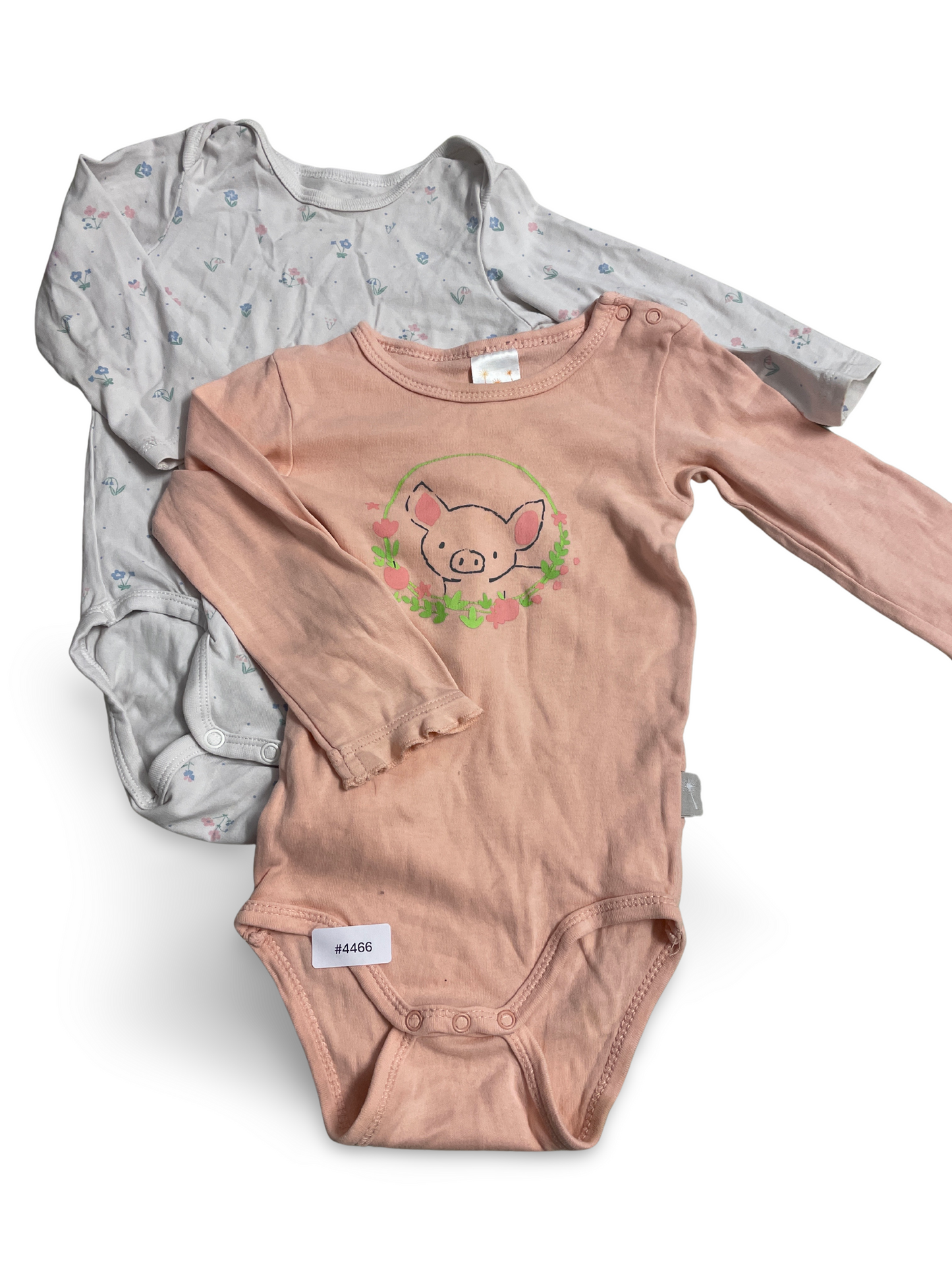 Lot de 2 grenouillères manches longues rose et blanche à imprimé cochon et fleurs - Taille 74