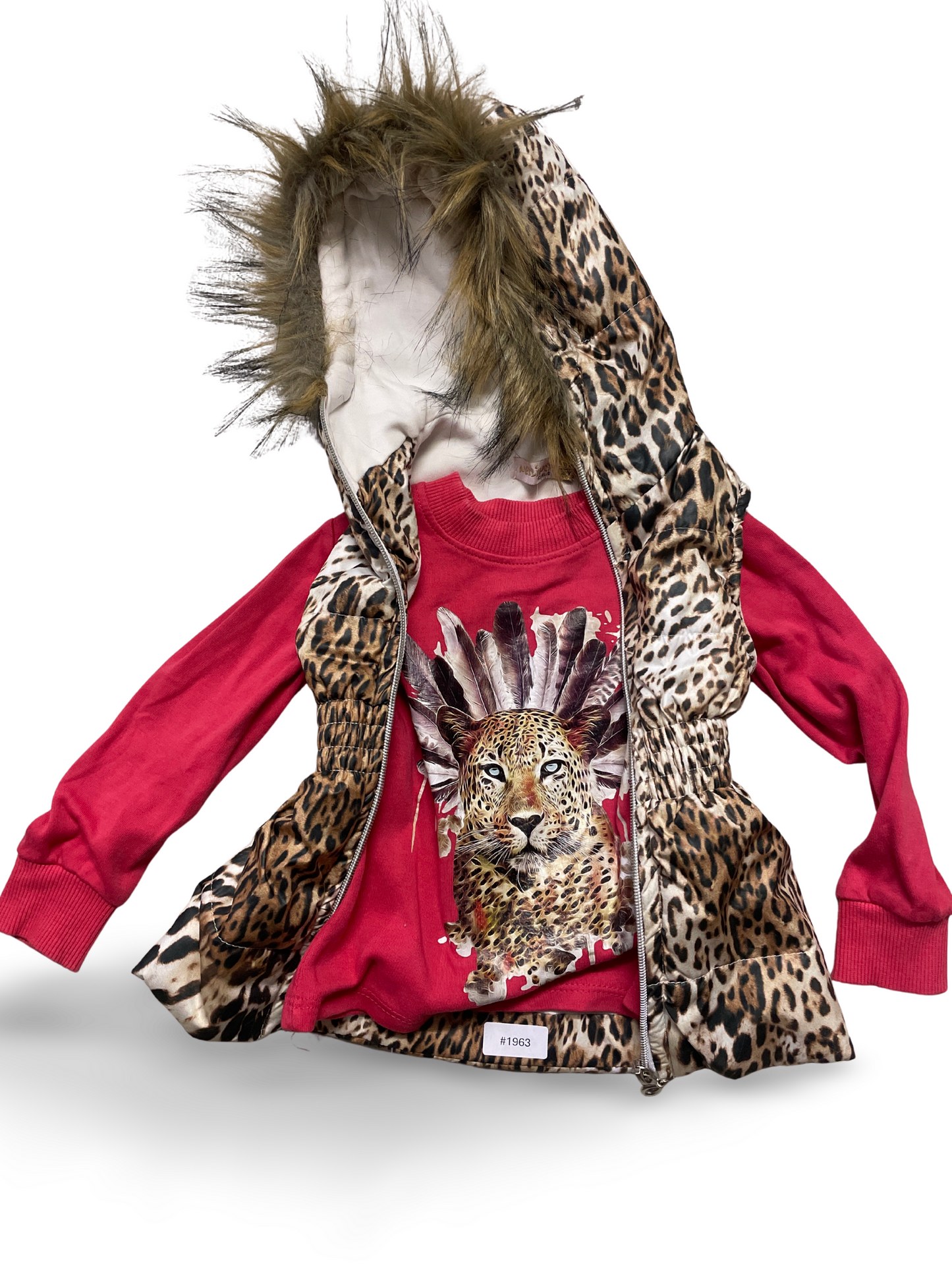 Gesteppte Kapuzenweste im Leopardenmuster mit Fellkragen - Gr. 92