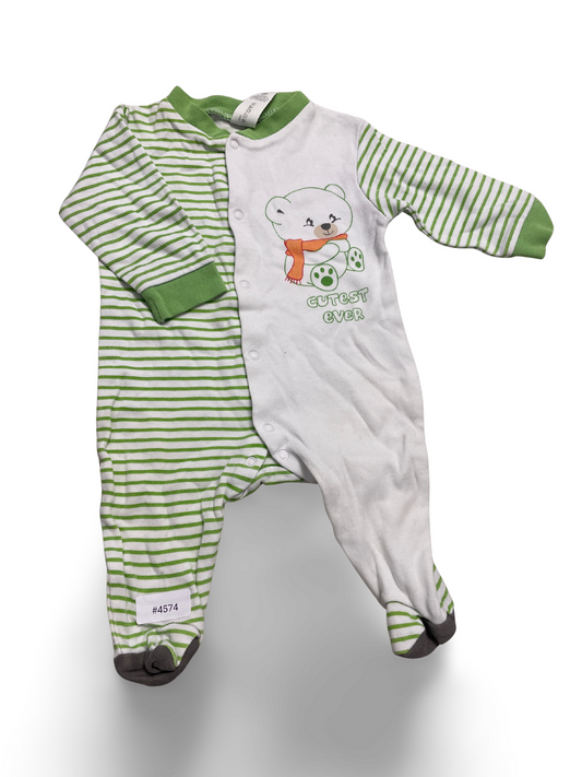 Weiss-grün gestreifter Strampler mit Bärmotiv - Gr. 56