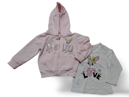 Rosa Kapuzenjacke und weisses Langarmshirt mit Hase - Gr. 86