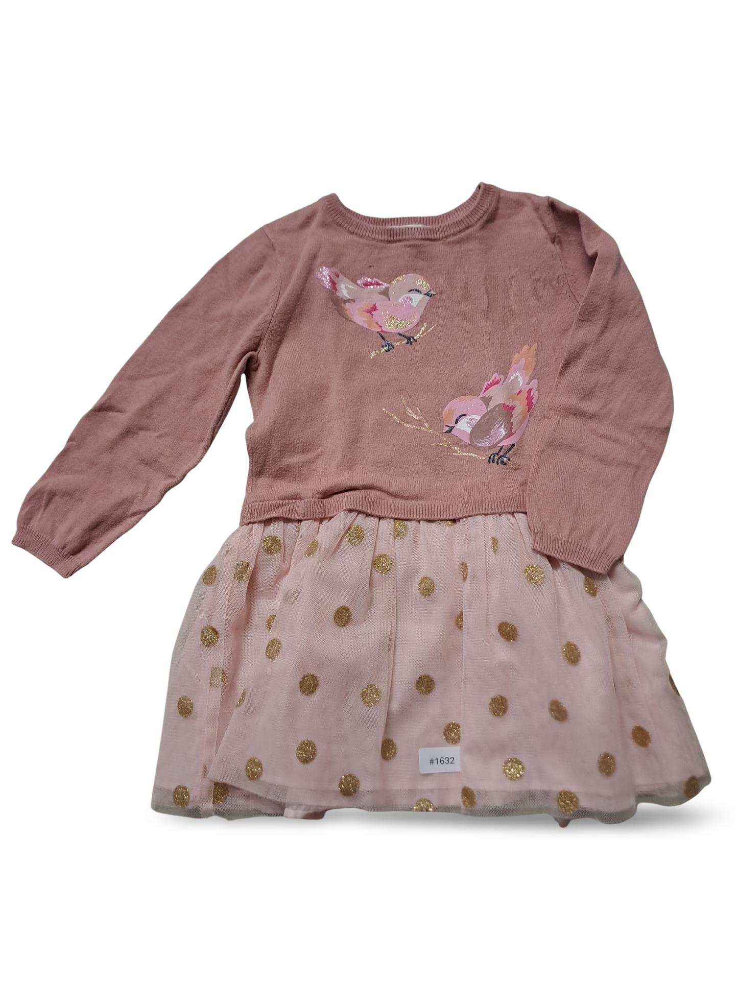 Rosa Kleid mit Vogelmotiv und Tüllrock - Gr. 92