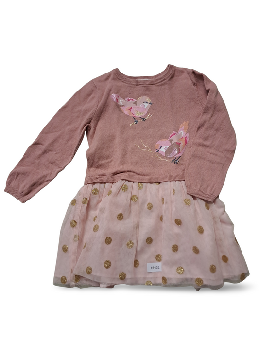 Rosa Kleid mit Vogelmotiv und Tüllrock - Gr. 92