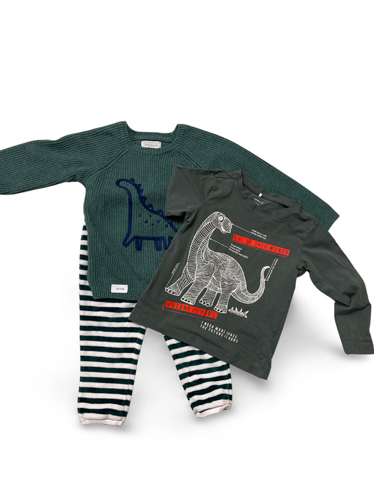 Pullover mit Dino, Langarmshirt und Strumpfhose - Gr. 98