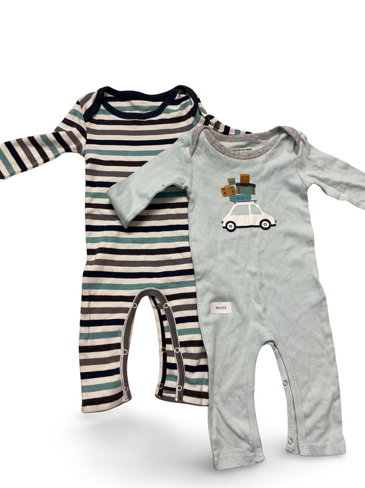 2er Bundle Strampler gestreift und hellblau mit Autoaufdruck - Gr. 68