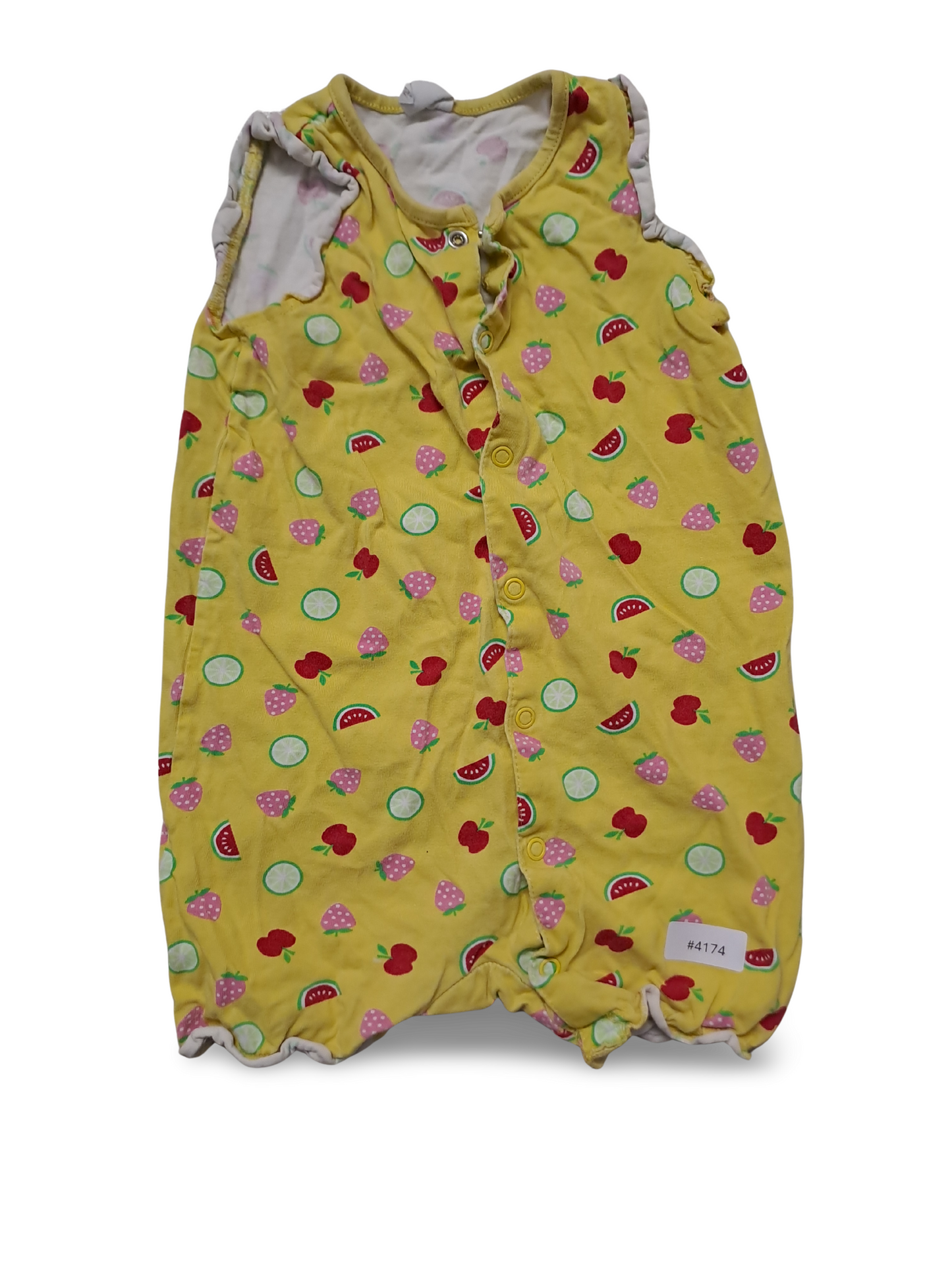 Ärmelloser gelber Strampler mit Fruchtmuster - Gr. 80