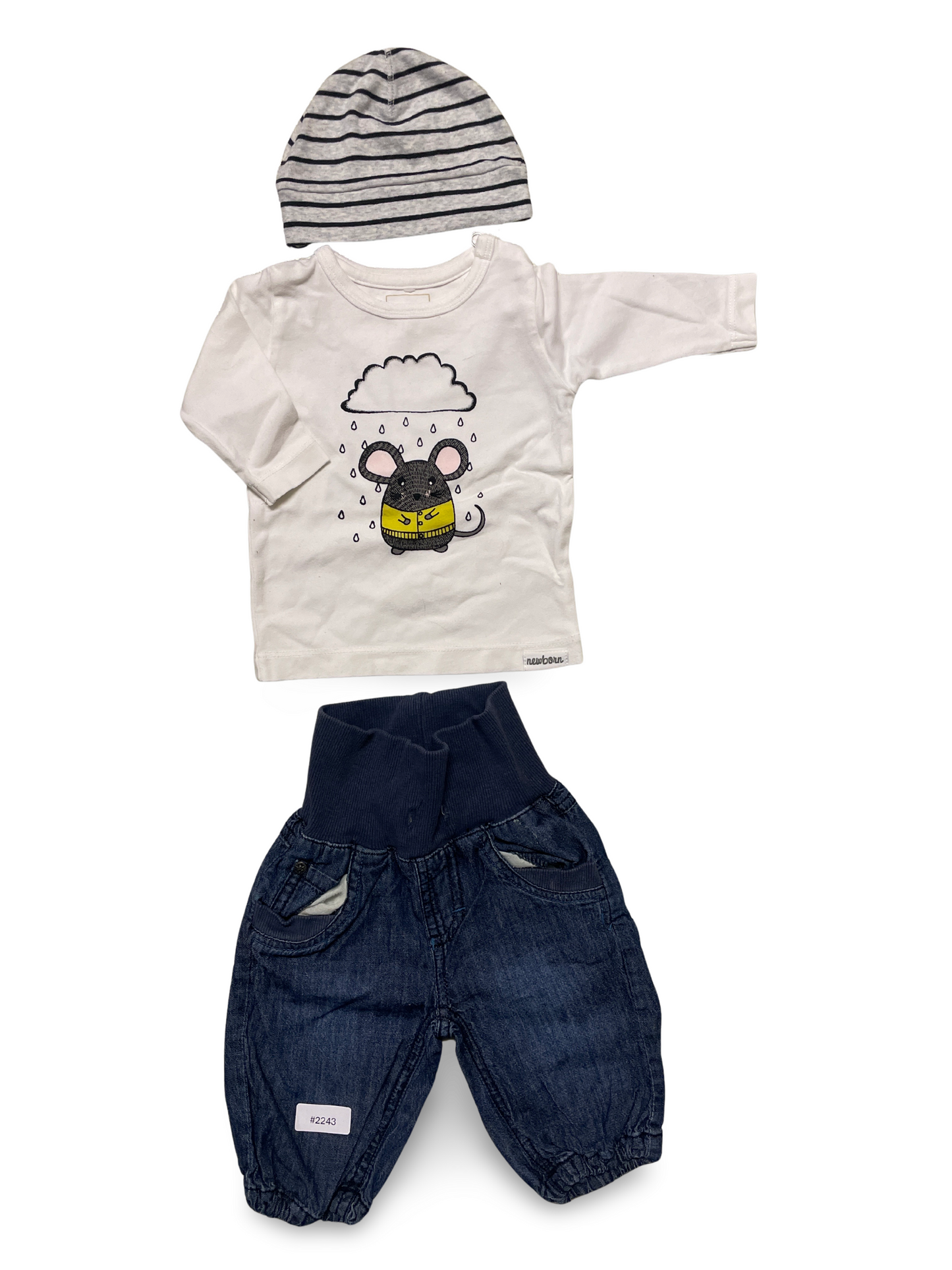 Dreiteiliges Babyset Langarmshirt Jeanshose Mütze - Gr. 56