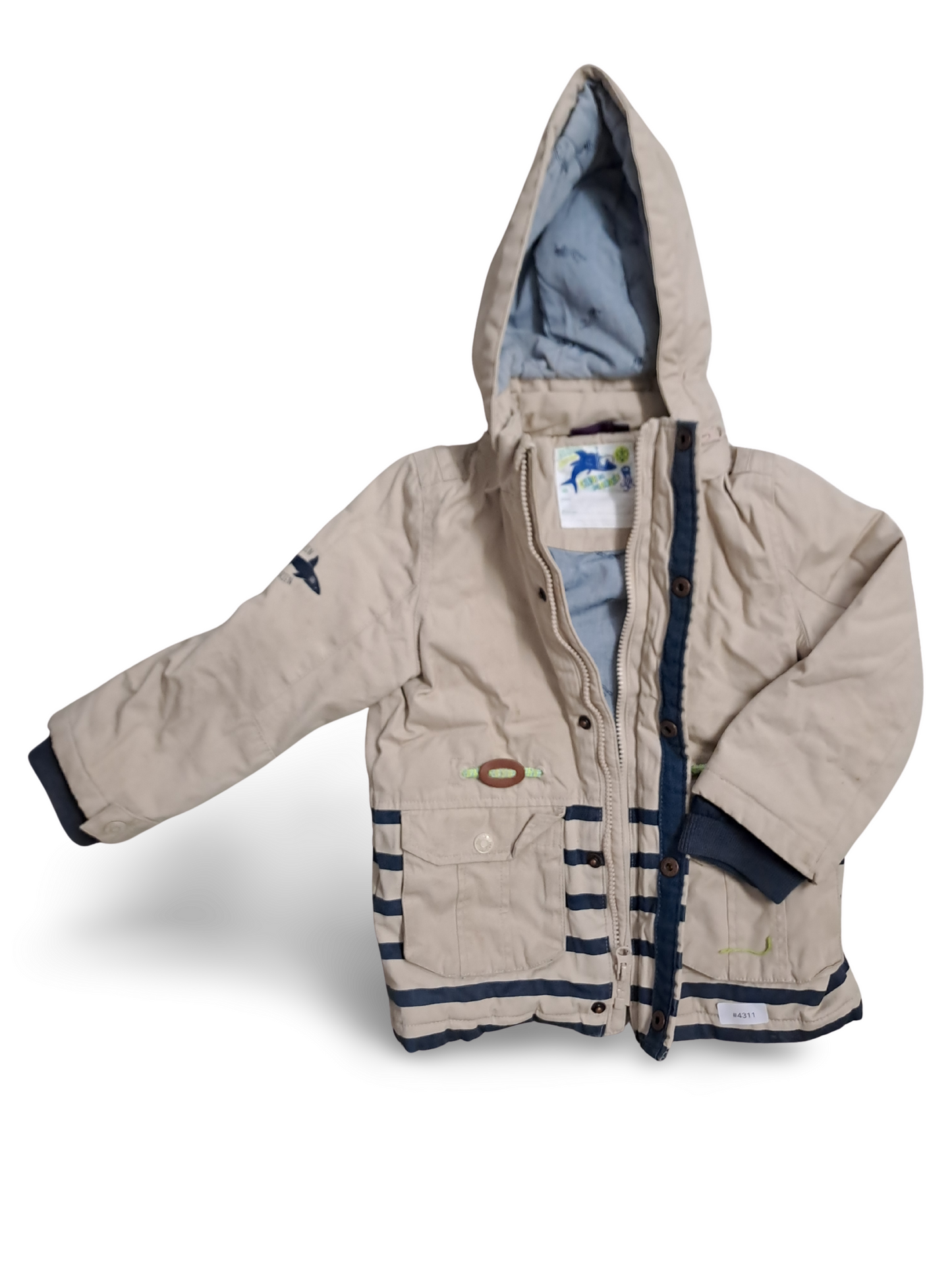 Beige Kapuzenjacke mit blauen Streifen - Gr. 110