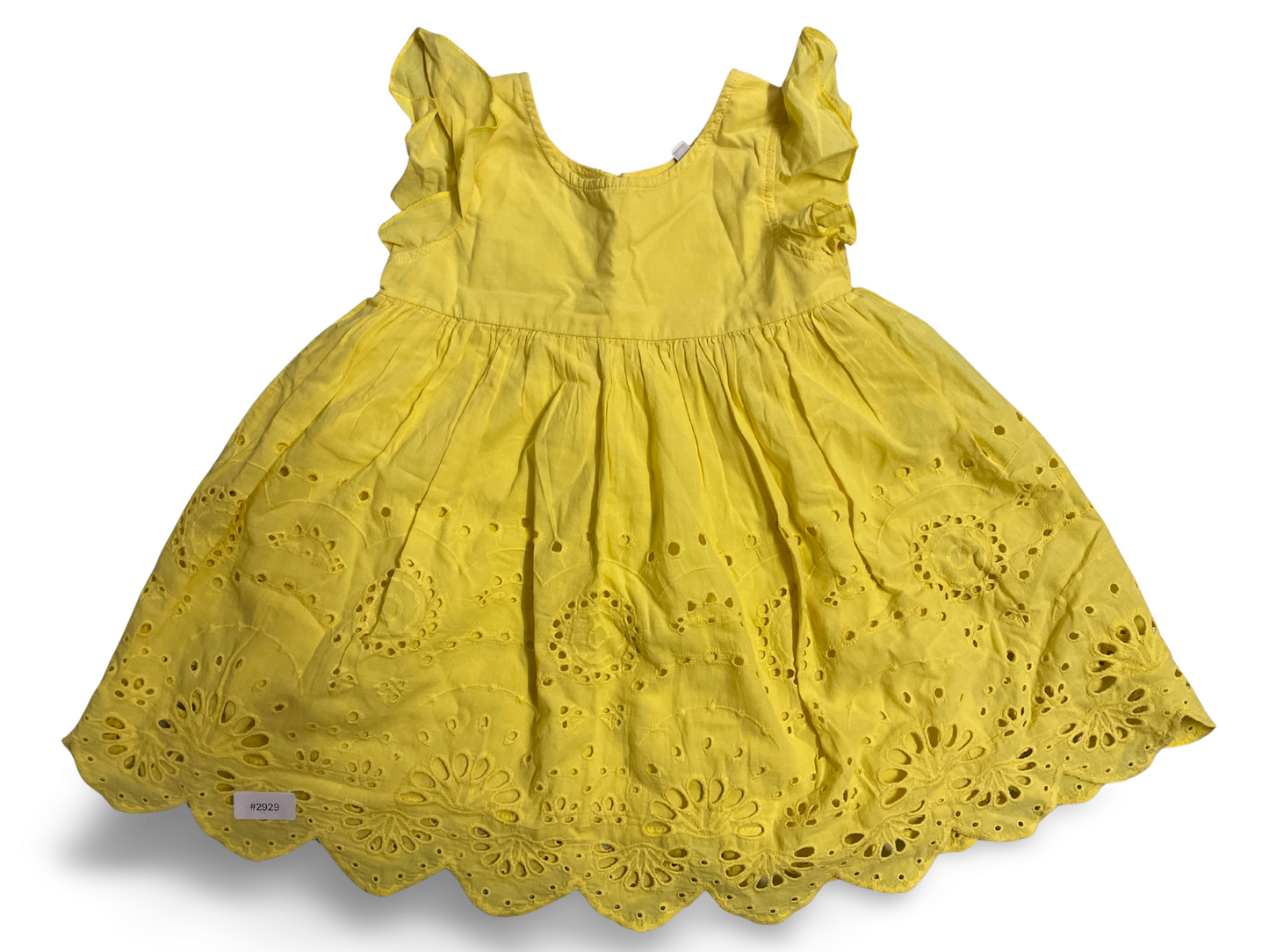 Gelbes Sommerkleid mit Rüschen und Lochstickerei - Gr. 98