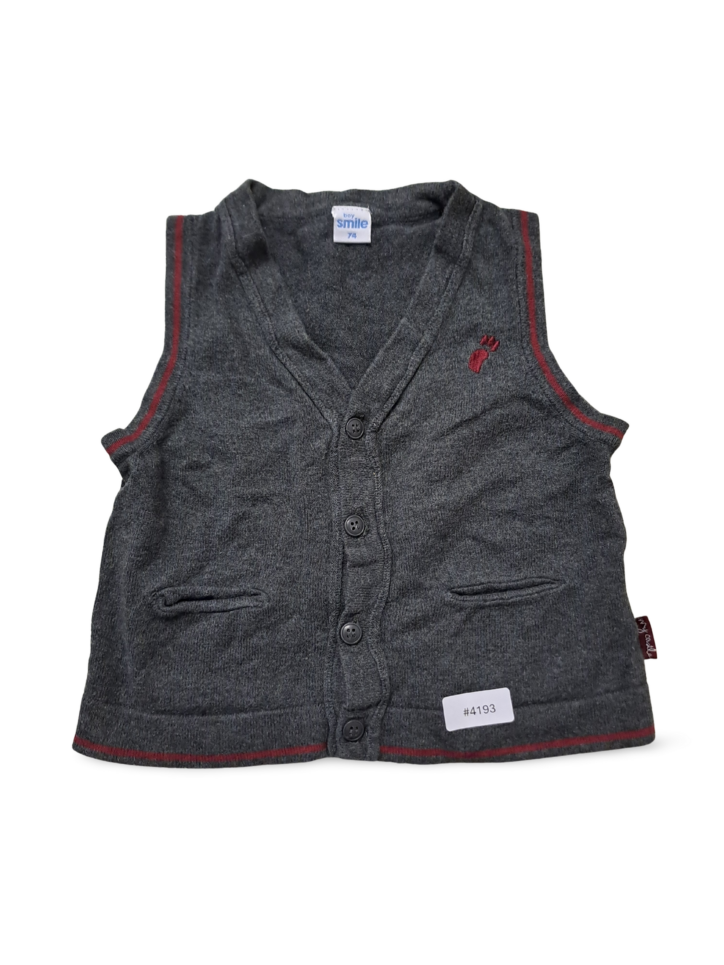 Grau gestrickte Babyweste mit Knopfleiste - Gr. 74