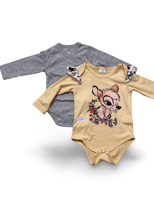 2er Bundle Strampler Langarm grau und gelb mit Bambi-Motiv - Gr. 6-9M