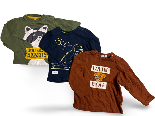 3er Bundle Langarmshirts mit Tier- und Dino-Motiv - Gr. 86