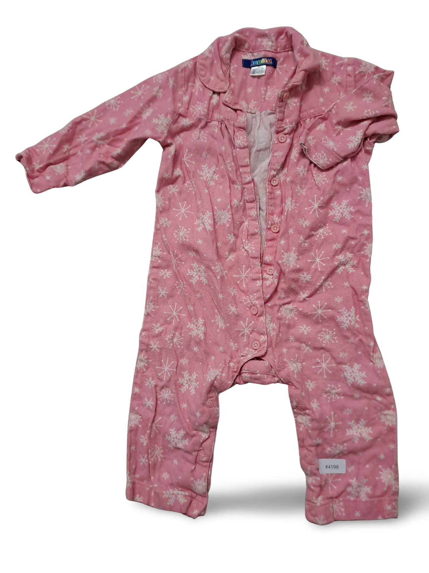 Rosa Langarm-Strampler mit weissen Schneeflocken - Gr. 74