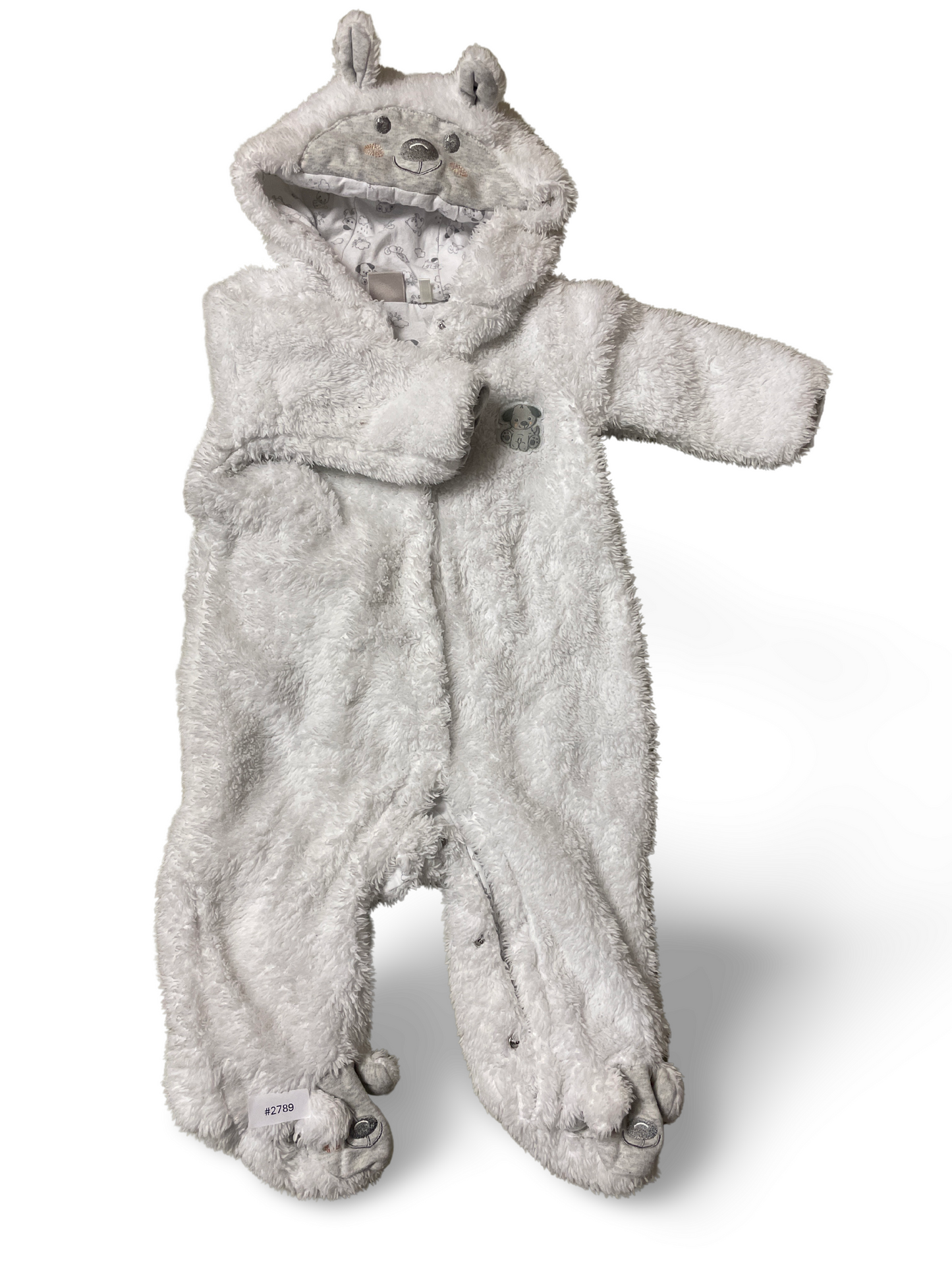 Weisser Plüschstrampler mit Bärenkapuze und Füssen - Gr. 74