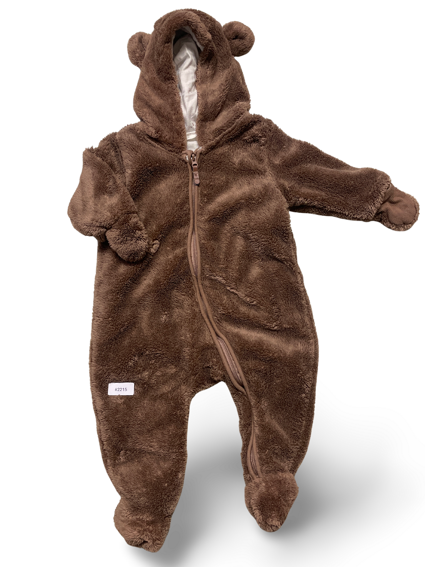 Brauner Plüschstrampler mit Kapuze und Füsschen - Gr. 68
