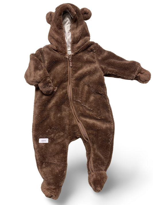 Brauner Plüschstrampler mit Kapuze und Füsschen - Gr. 68