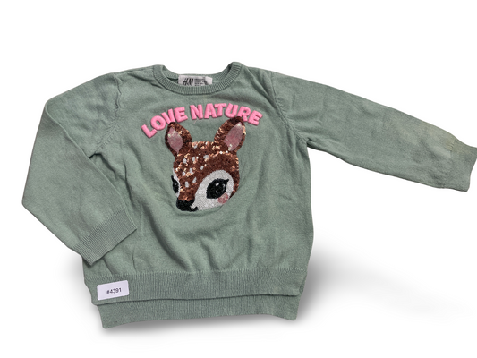 Strickpullover mit Pailletten-Reh und Love Nature Schriftzug - Gr. 92