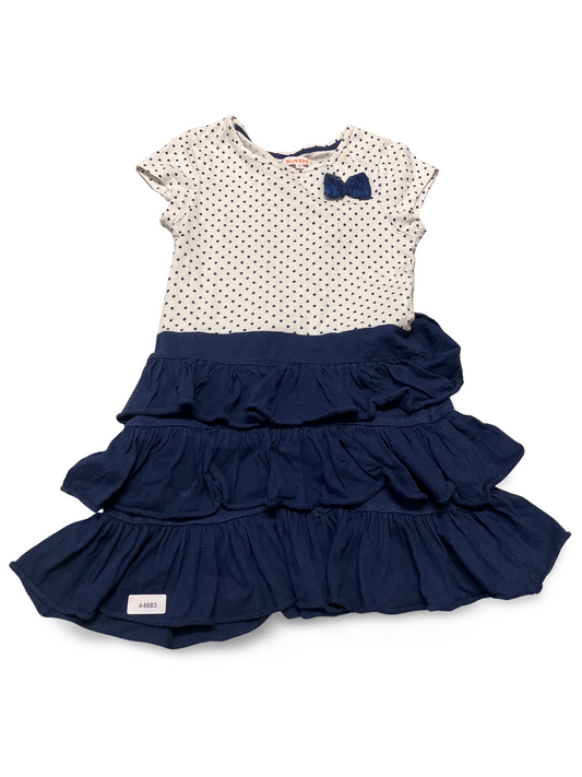 Weiss gepunktetes Kleid mit blauem Stufenrock - Gr. 128