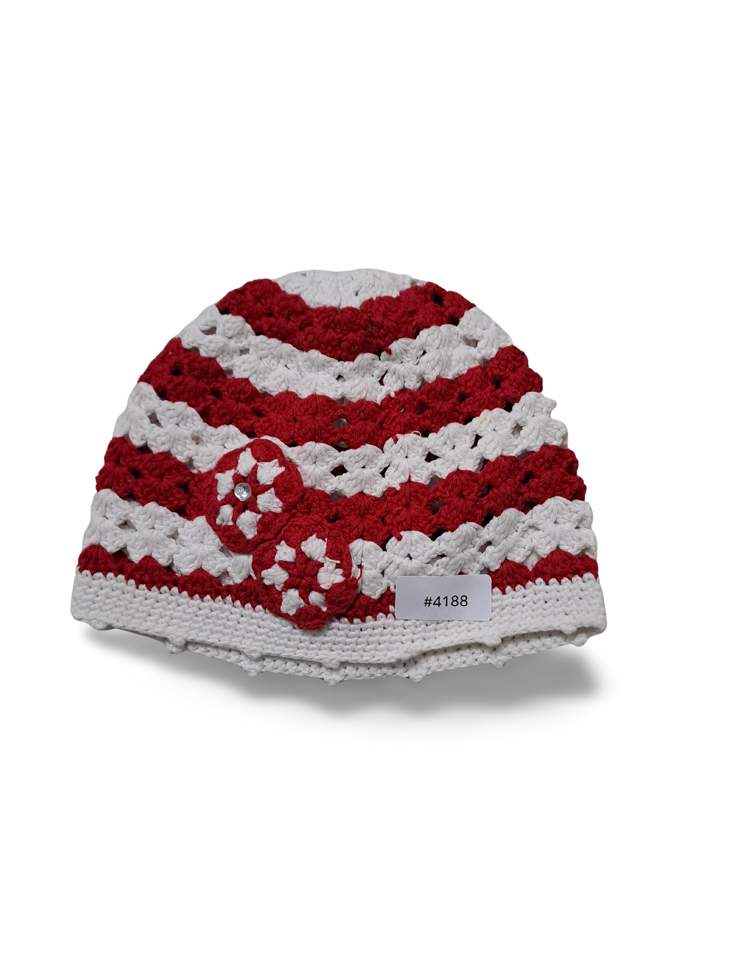 Gehäkelte Babymütze Rot-Weiss mit Blumen - Gr. 80