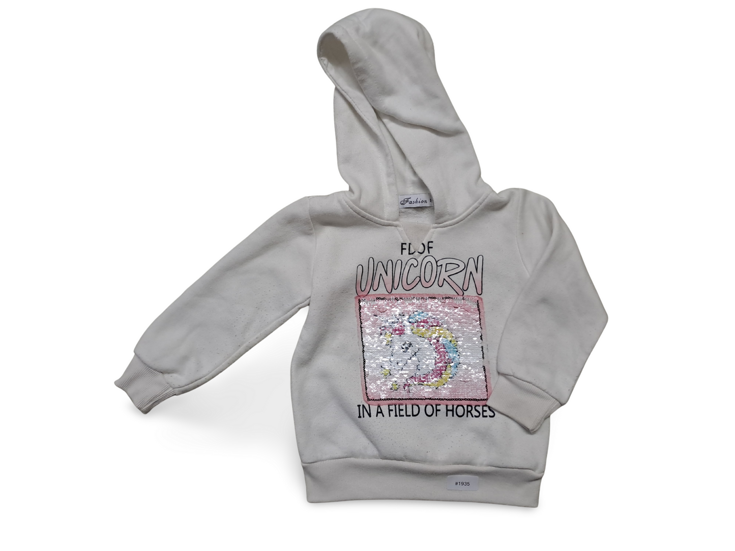 Weisser Hoodie mit Pailletten-Einhorn - Gr. 98