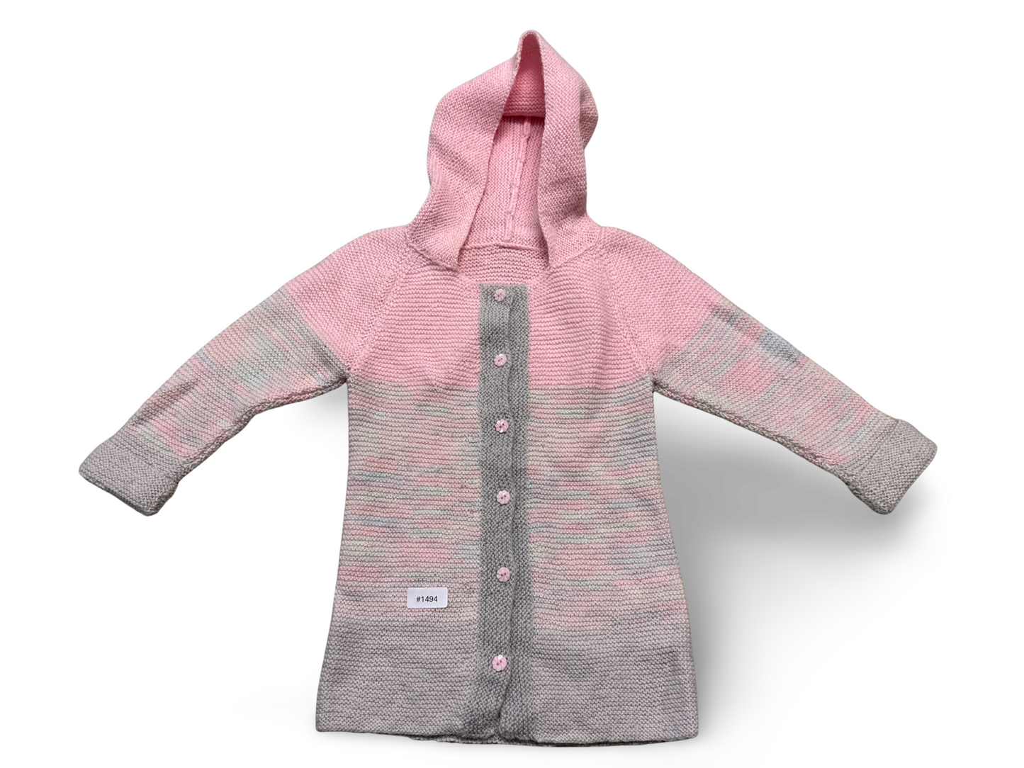 Gestrickter Kapuzenmantel rosa-grau - Gr. 116